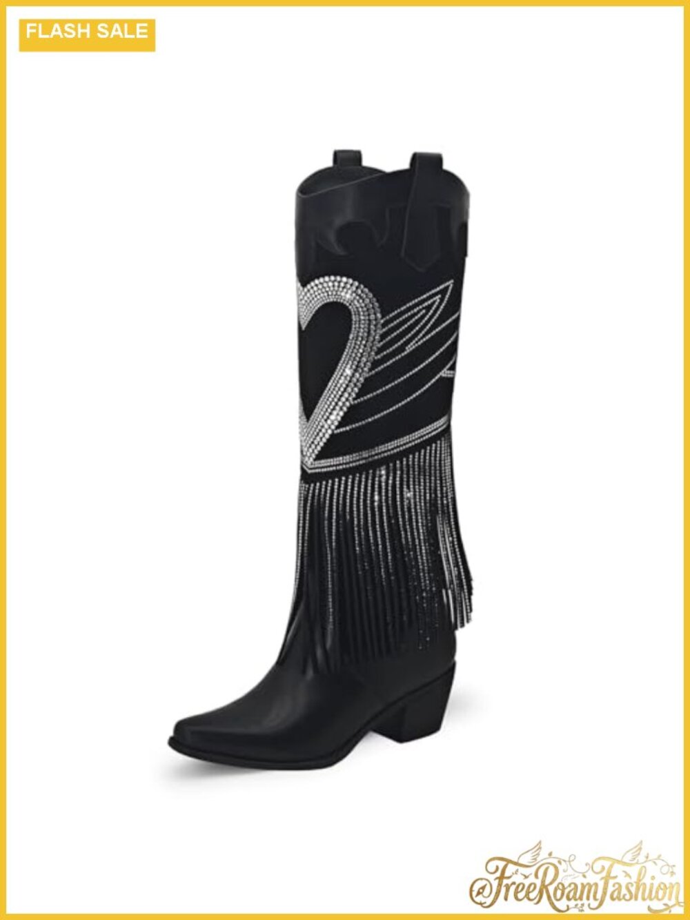 Sparkly Rhinestone Fringe Knee High Cowboy Boots Wide Calf Pull On Pointed Toe